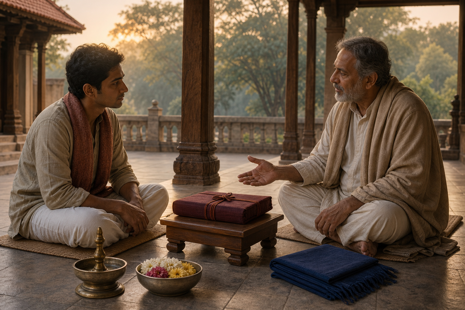 Two adult practitioners speak beside a closed cloth-wrapped manuscript, an unlit lamp, flowers, and folded blue fabric on a temple veranda.
