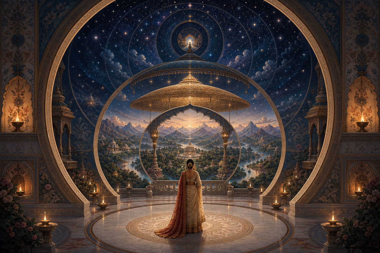 A royal woman appears within repeating palace chambers and landscapes that change scale around her line of sight.