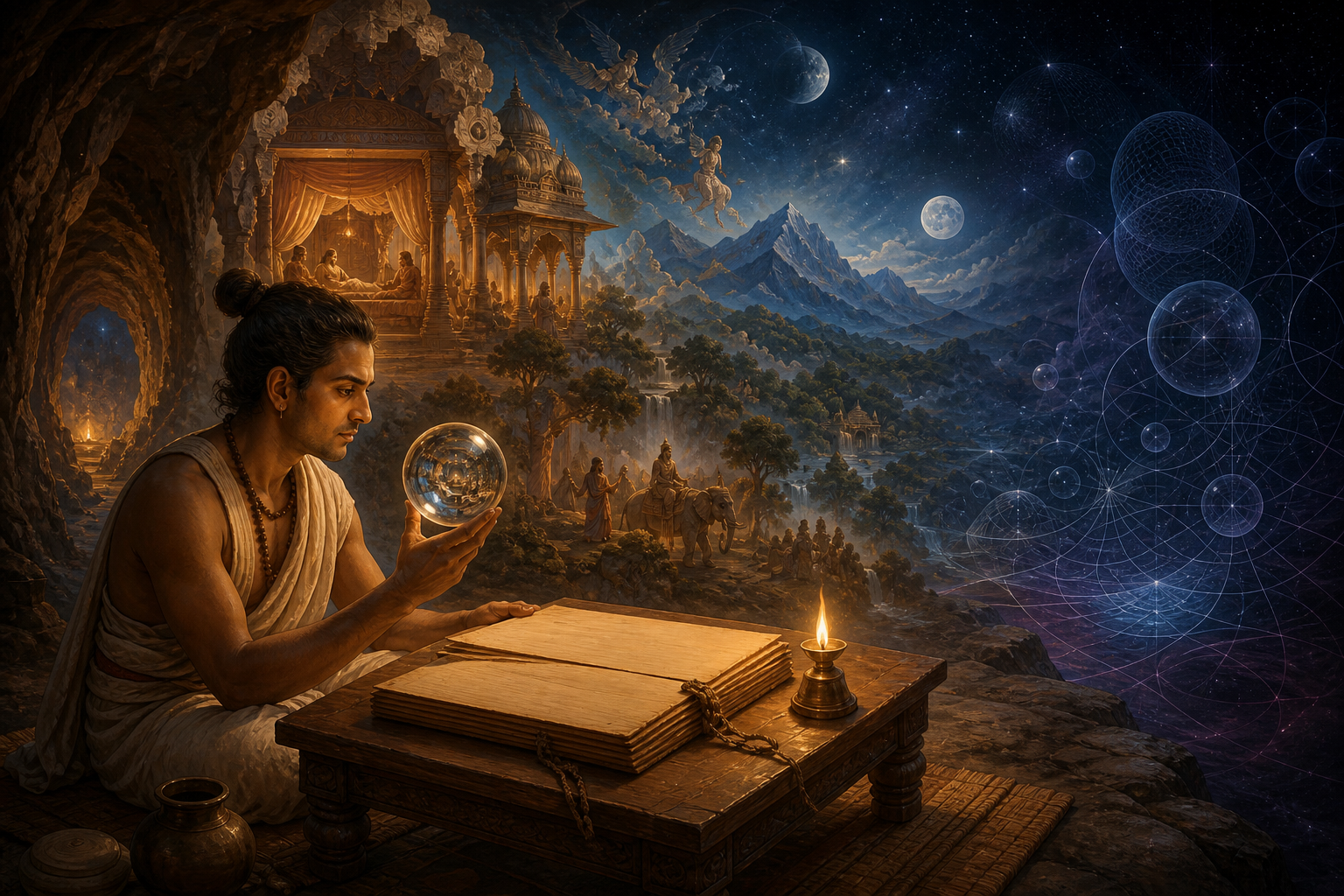 A reader studies a blank palm-leaf manuscript and reflective sphere as nested landscapes emerge behind fading geometric forms.