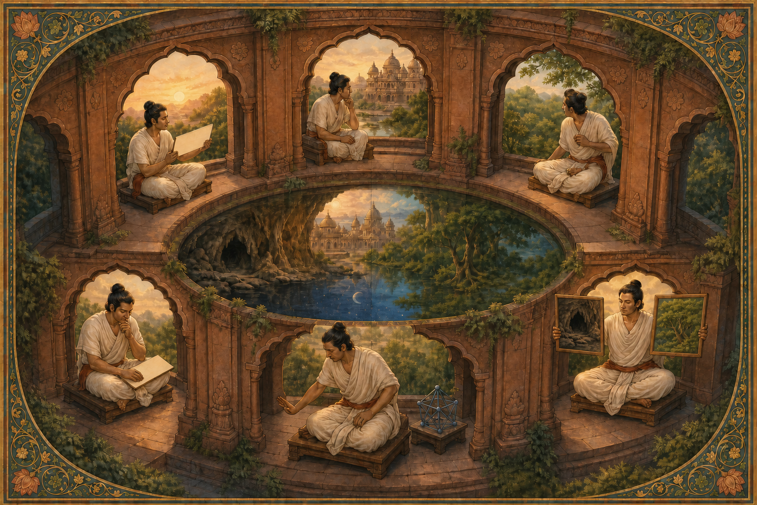 A scholar passes through six archways, repeatedly observing a manuscript and visions of a cave, canopy, and nested landscapes.