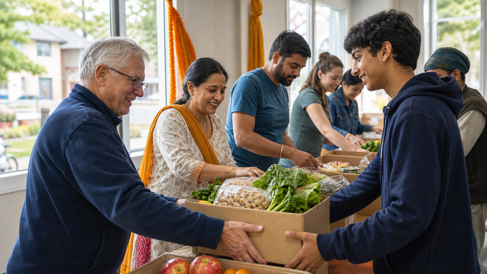 Hindu volunteers and neighbours from different backgrounds pack fresh food together in a bright community hall.