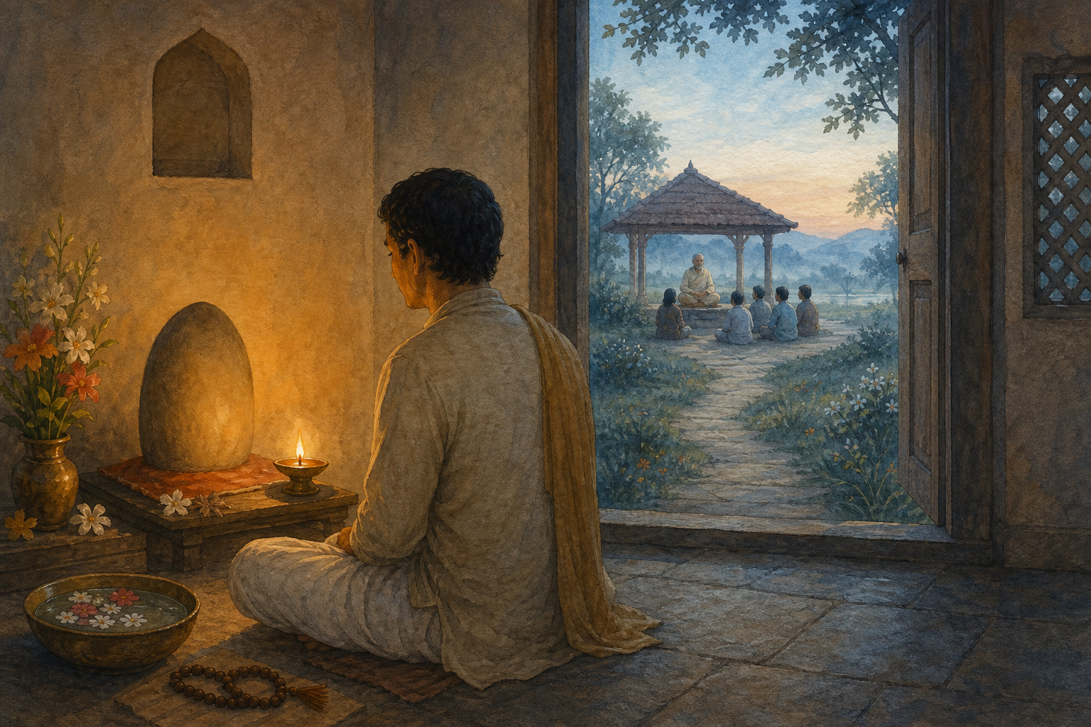 A seeker sits before a simple home shrine at dawn while a distant spiritual teacher meets with students in an open pavilion.