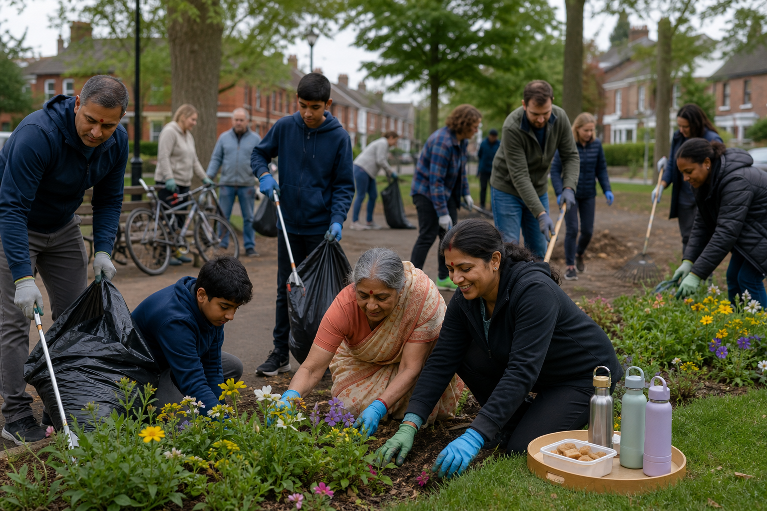 Hindu families and other local residents clean a public park and tend a shared flower bed.