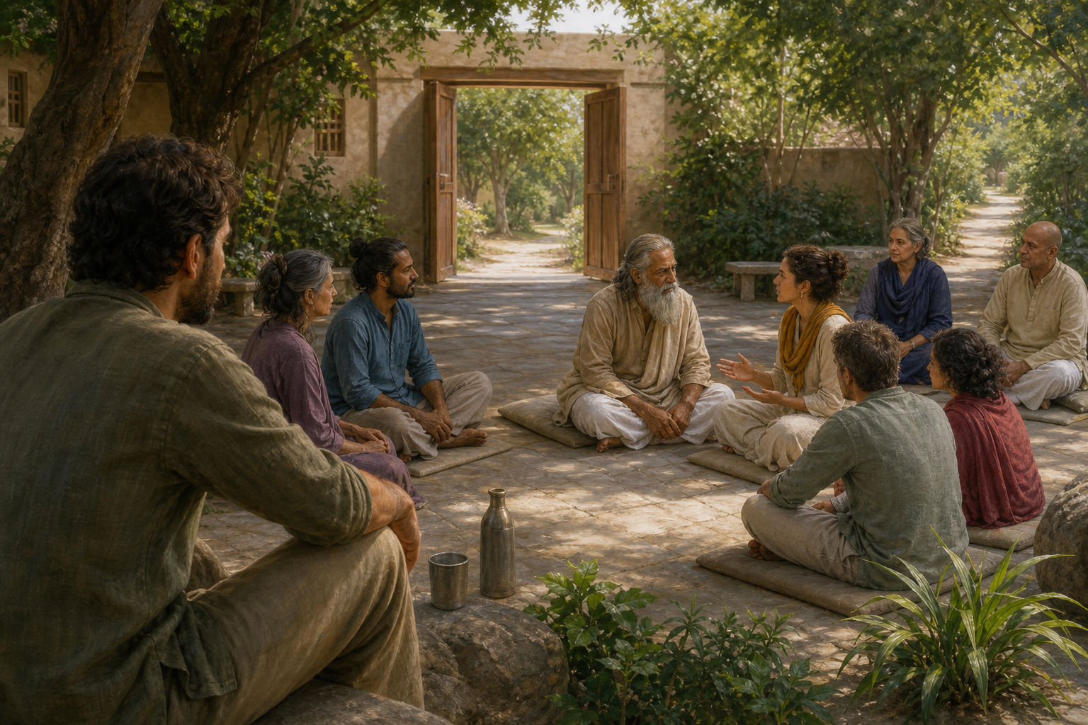 A seeker observes an elder spiritual teacher speaking with students in an open courtyard with an unobstructed gate nearby.