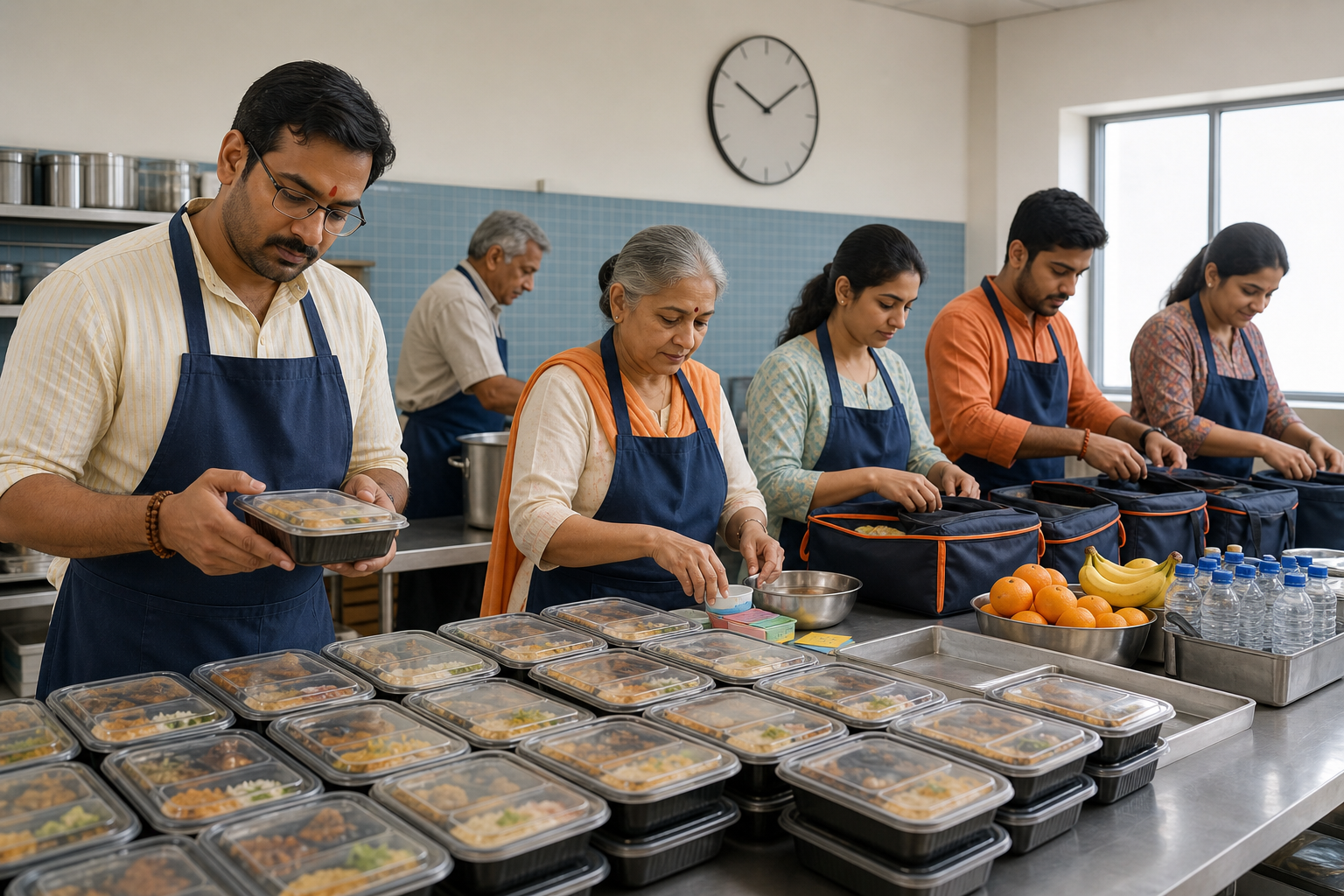 Hindu volunteers check and organize prepared meals in an orderly community kitchen before distribution.