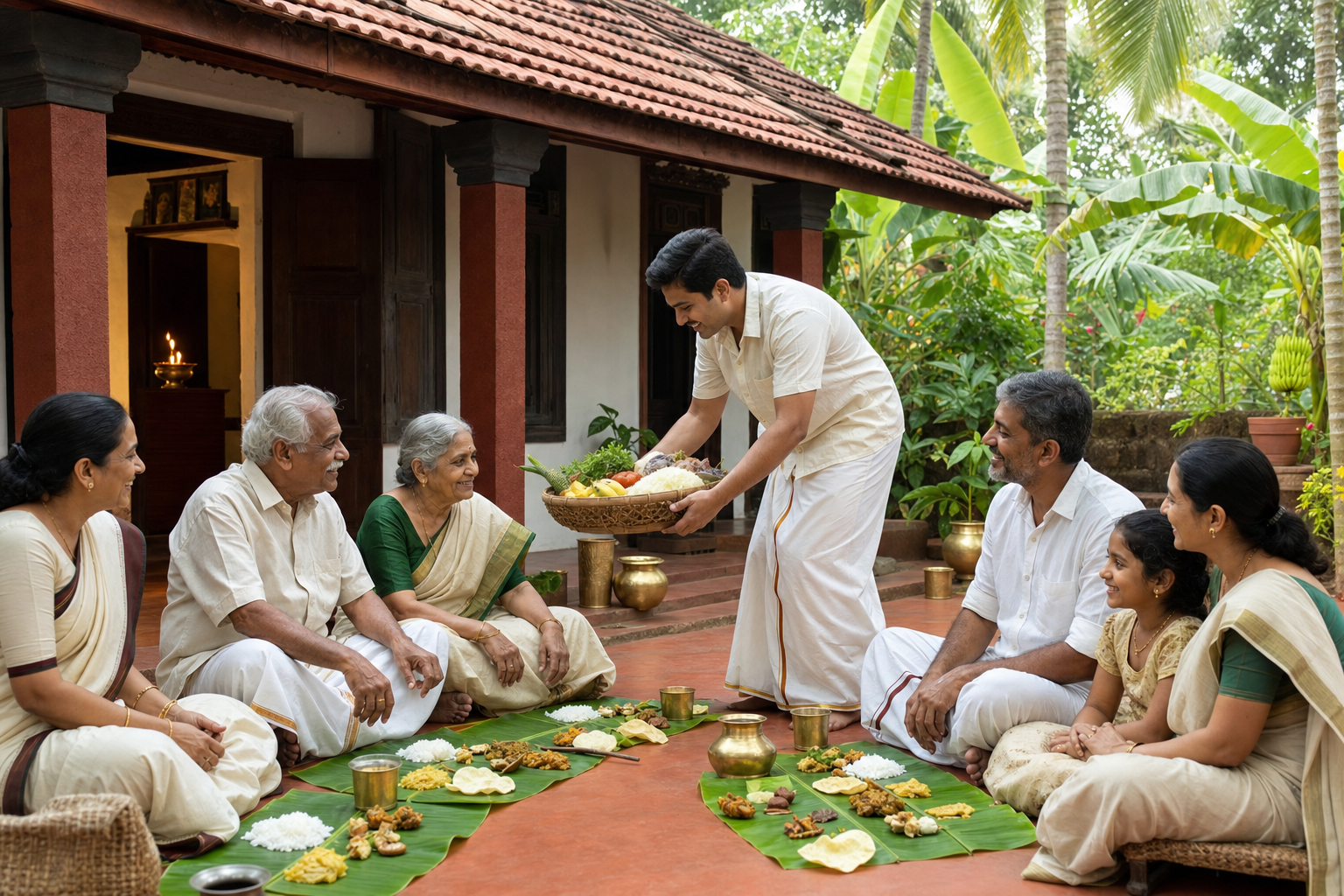 A Tuluva family and neighbors share a banana-leaf meal while a basket of food is offered to an elderly guest in a coastal Karnataka courtyard.