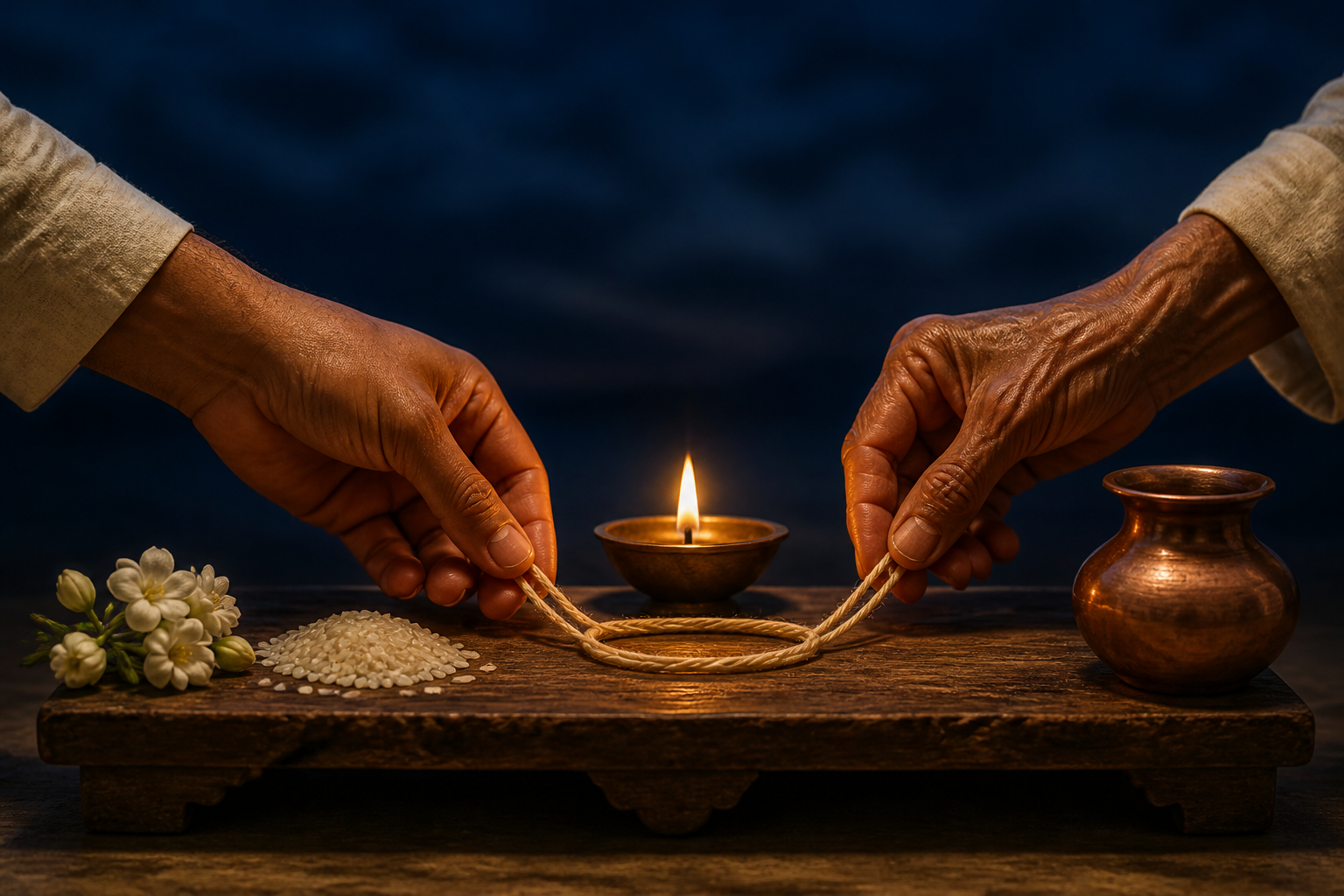 A seeker's hand and a teacher's hand place a plain sacred thread beside an oil lamp, copper vessel, rice, and jasmine flowers.