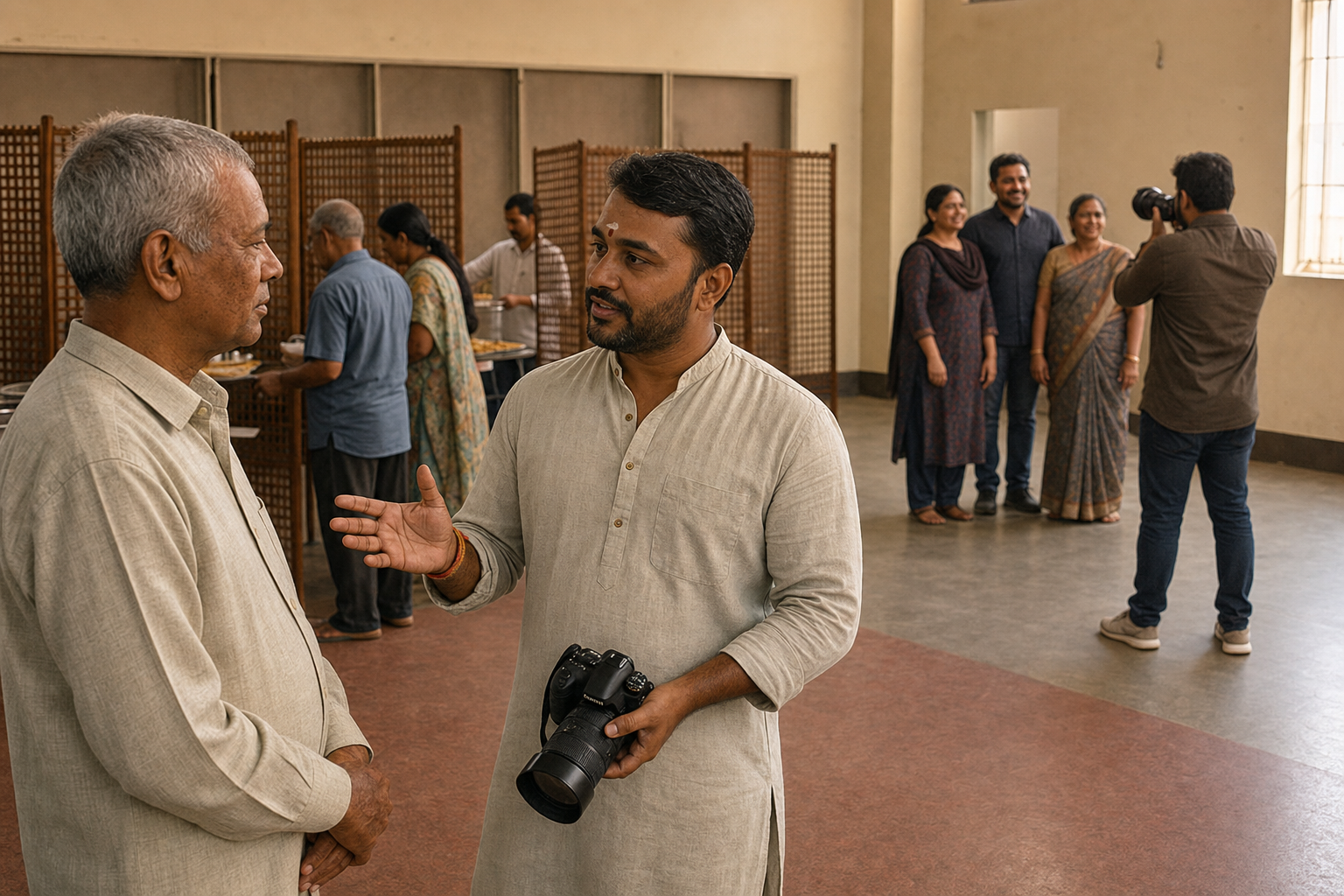 A volunteer discusses photography with an older community guest while a camera remains lowered during food distribution.