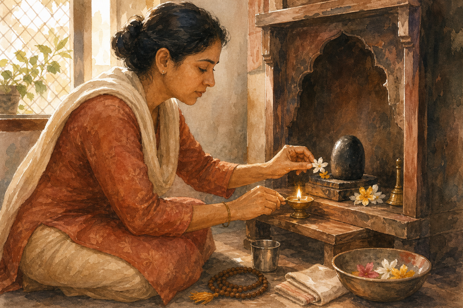 A devotee tends an oil lamp and places a flower at a small home shrine in the morning.