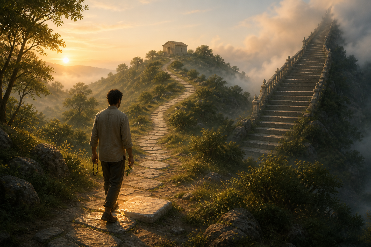 A seeker takes one illuminated step along a quiet path while a steeper, more dramatic staircase rises in the distance.