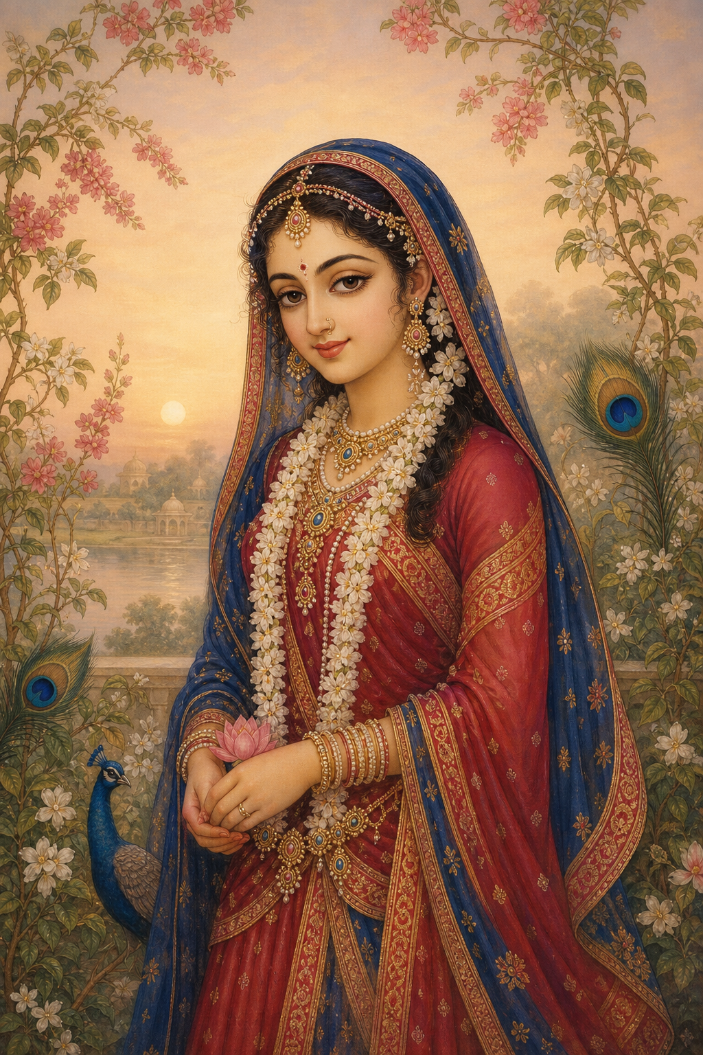 Devotional painting of Sri Radha wearing a flower-adorned veil, with gently arched eyebrows, compassionate eyes, and flowering vines around her.