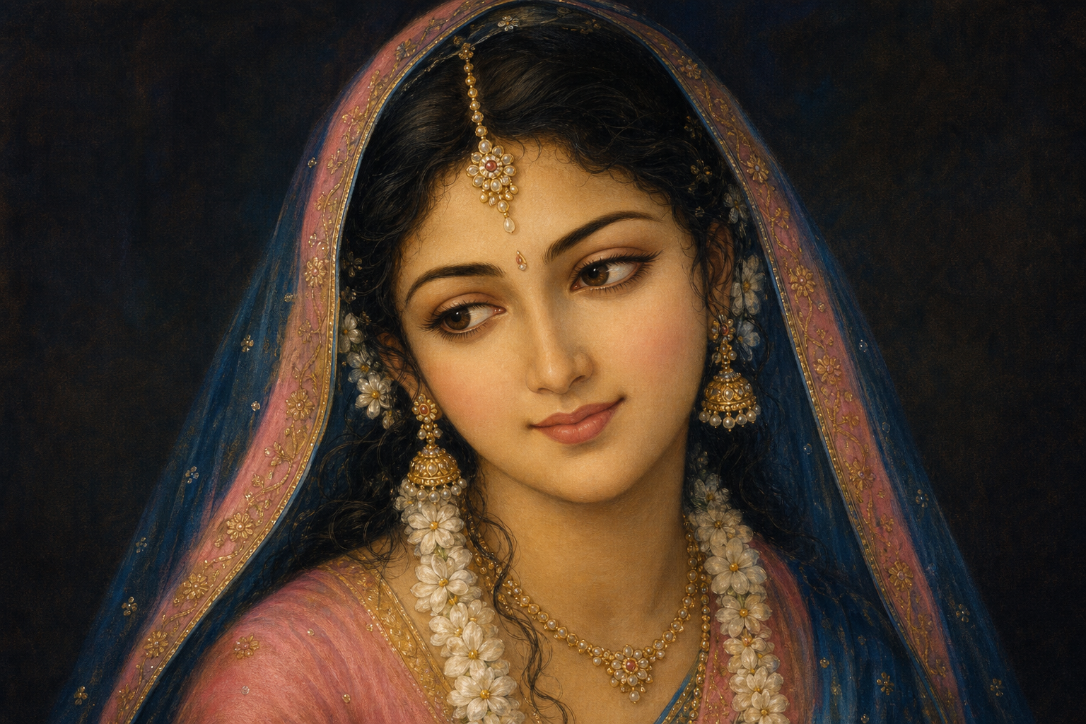 Close devotional portrait of Sri Radha showing her arched eyebrows as part of a gentle expression formed by her eyes and slight smile.