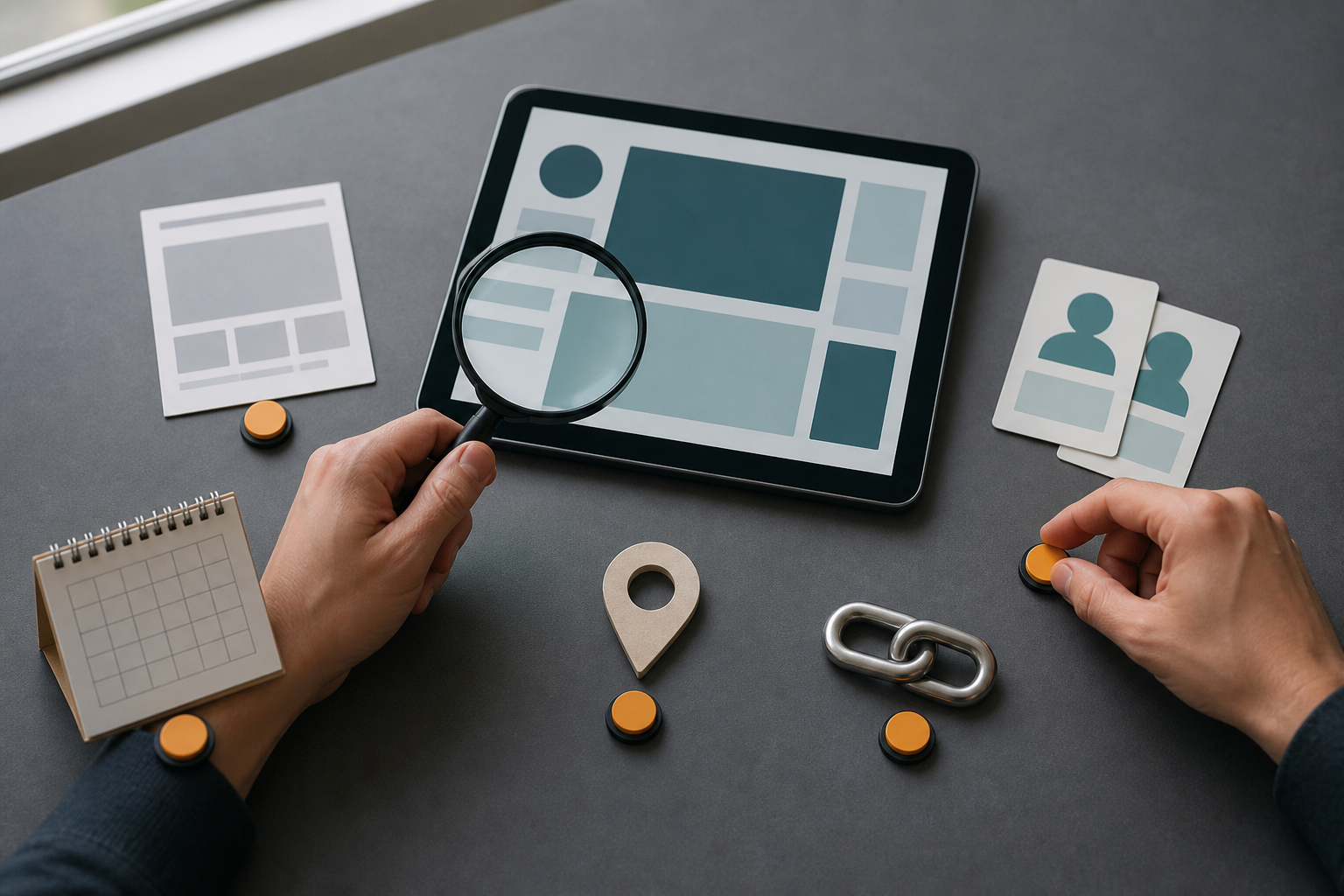 A researcher's hands examine five kinds of digital evidence arranged around a tablet on an investigative desk.