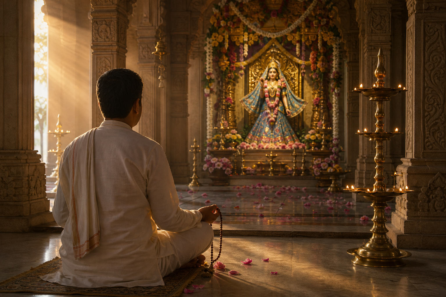 A seated devotee with prayer beads quietly observes an adorned image of Sri Radha on a flower-filled temple altar at dawn.