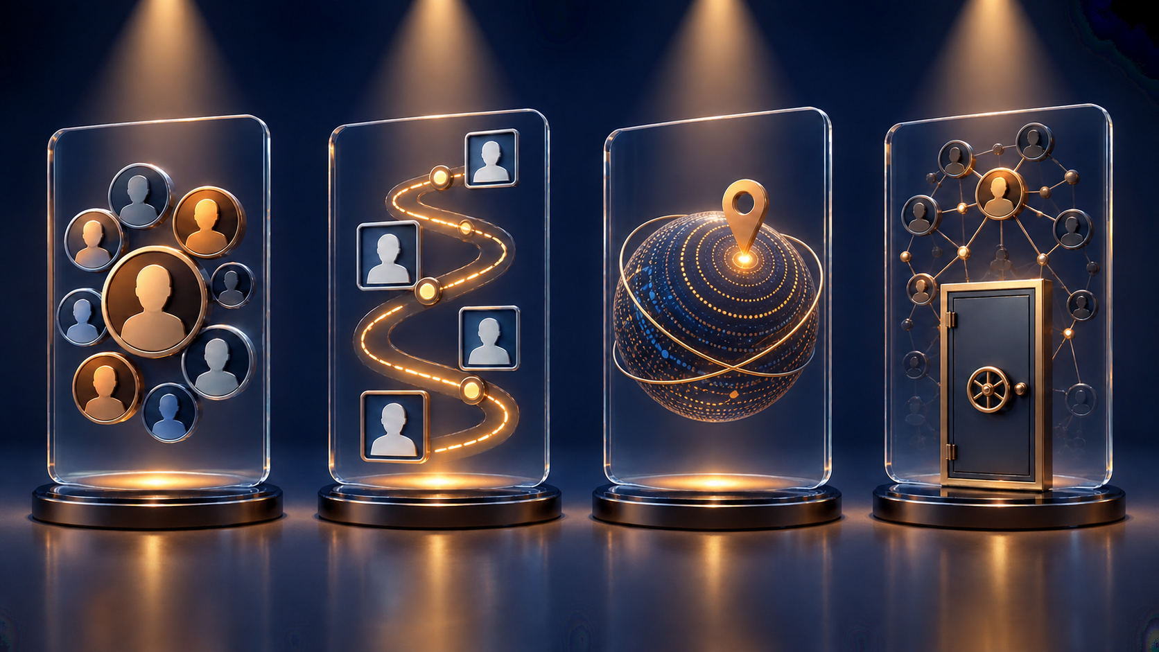 Four illuminated glass panels separately depict anonymous profiles, account migration, a location marker, and a hidden network.