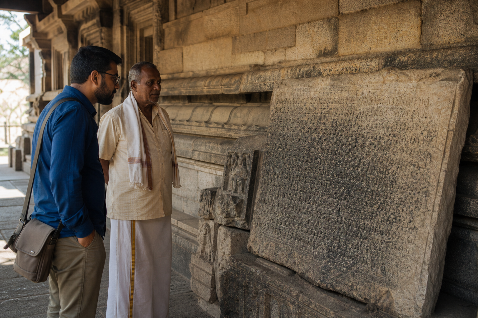 A visitor and a temple custodian examine a weathered inscription stone in the shaded passage of a historic Karnataka temple.
