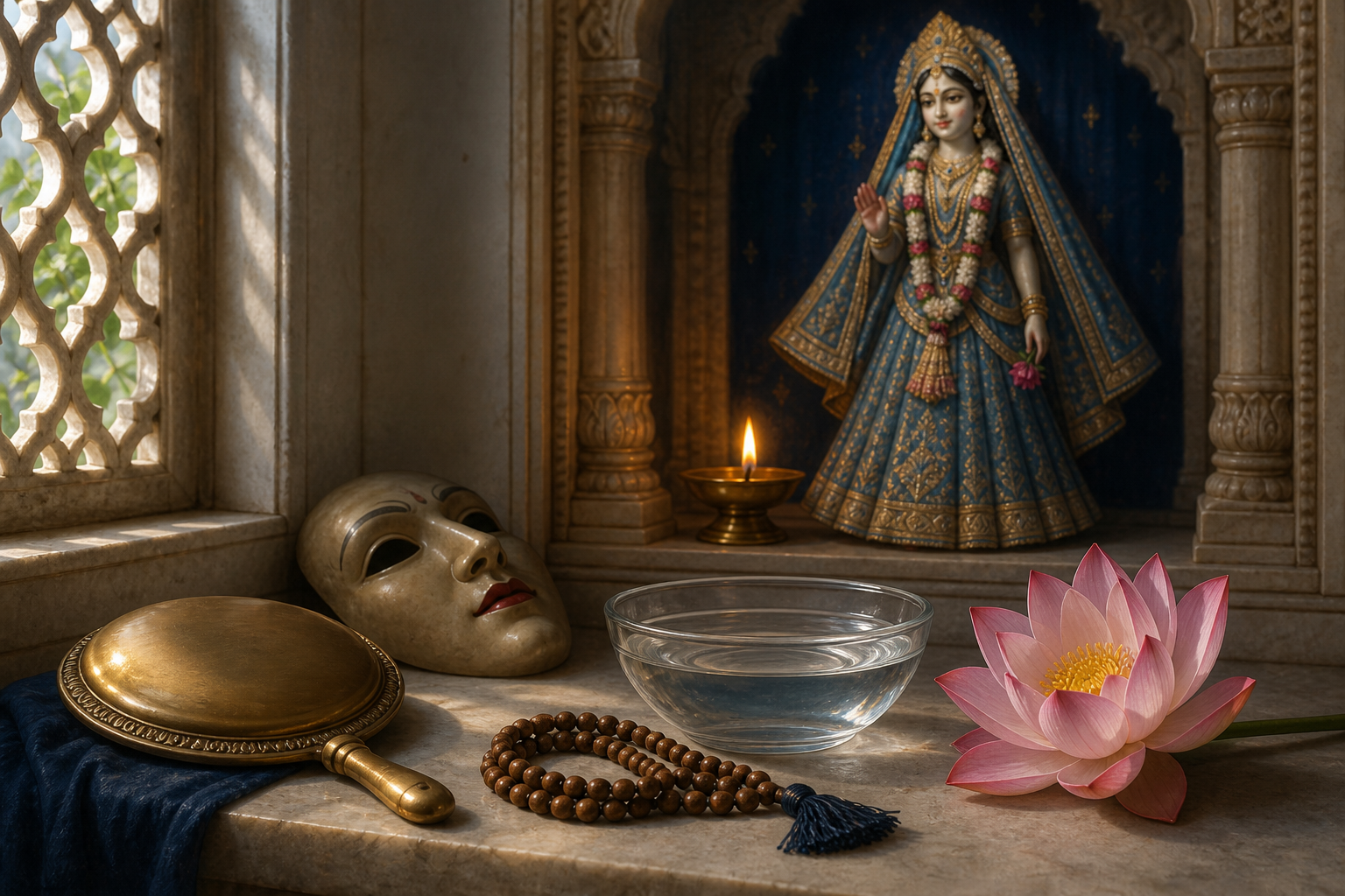 Prayer beads, a lotus, clear water, an overturned brass mirror, and a mask rest near a softly lit image of Sri Radha.