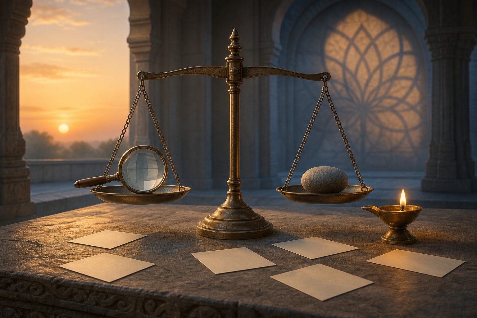 A balanced brass scale holds a magnifying lens and an unmarked stone beside a glowing oil lamp and separated evidence cards.