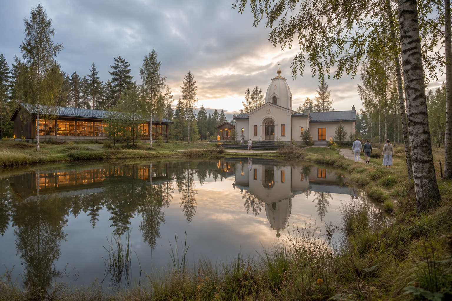 A sacred pond, modest temple buildings, and a book center set among birch trees and meadows in the Swedish countryside.