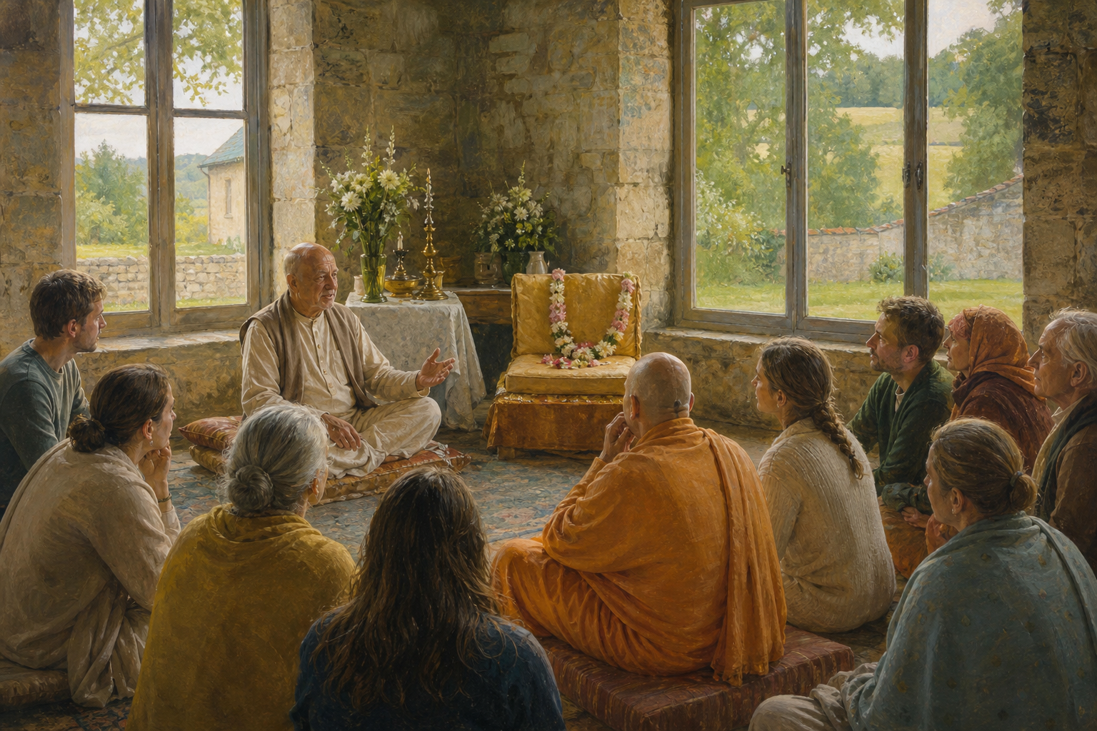 Devotees listen to an elderly speaker during a remembrance gathering in a sunlit stone hall in the French countryside.