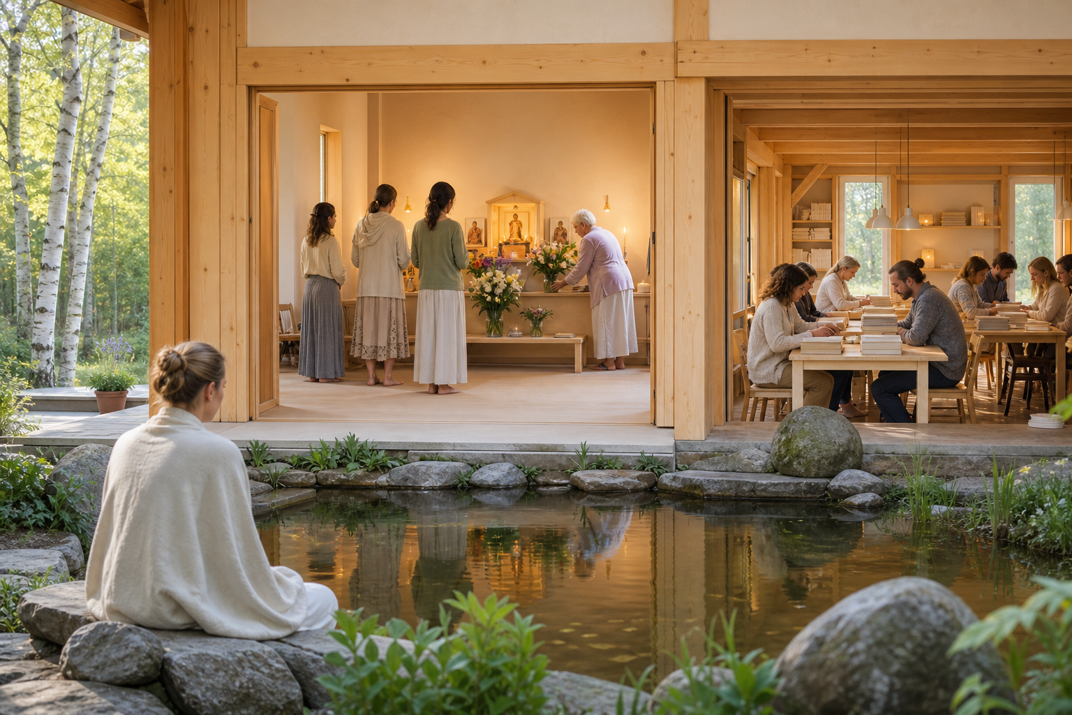 Visitors meditate beside a pond, worship inside a temple, and work with books in an adjoining study room.