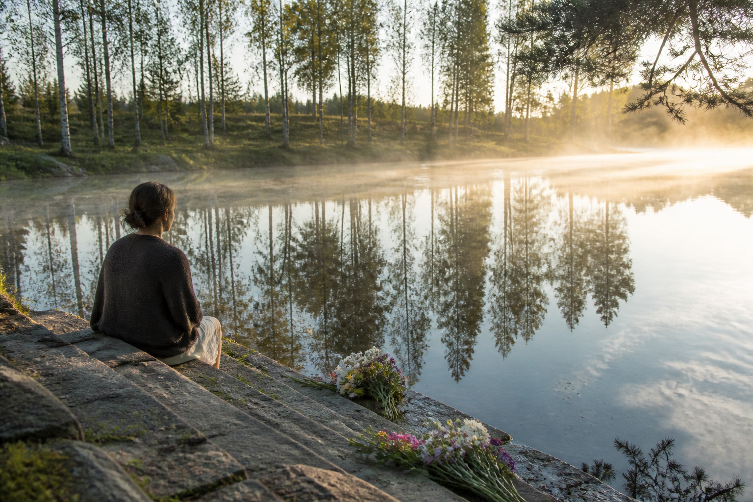 A devotee sits quietly beside stone steps leading into a sacred pond surrounded by birch and pine trees.
