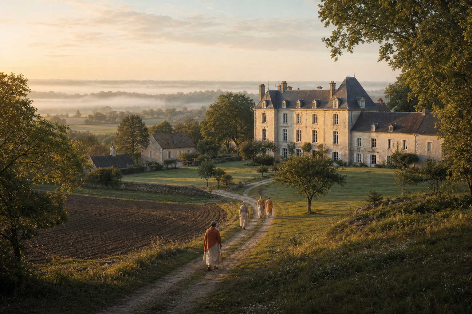 Devotees walk through a quiet rural French estate with a stone chateau, lawns, trees, and surrounding fields.