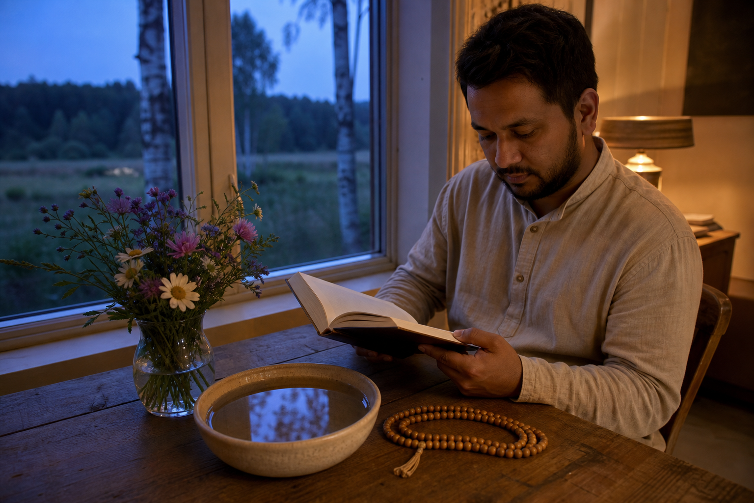 A devotee reads at a wooden table with prayer beads, flowers, and a small bowl of water beside a twilight window.