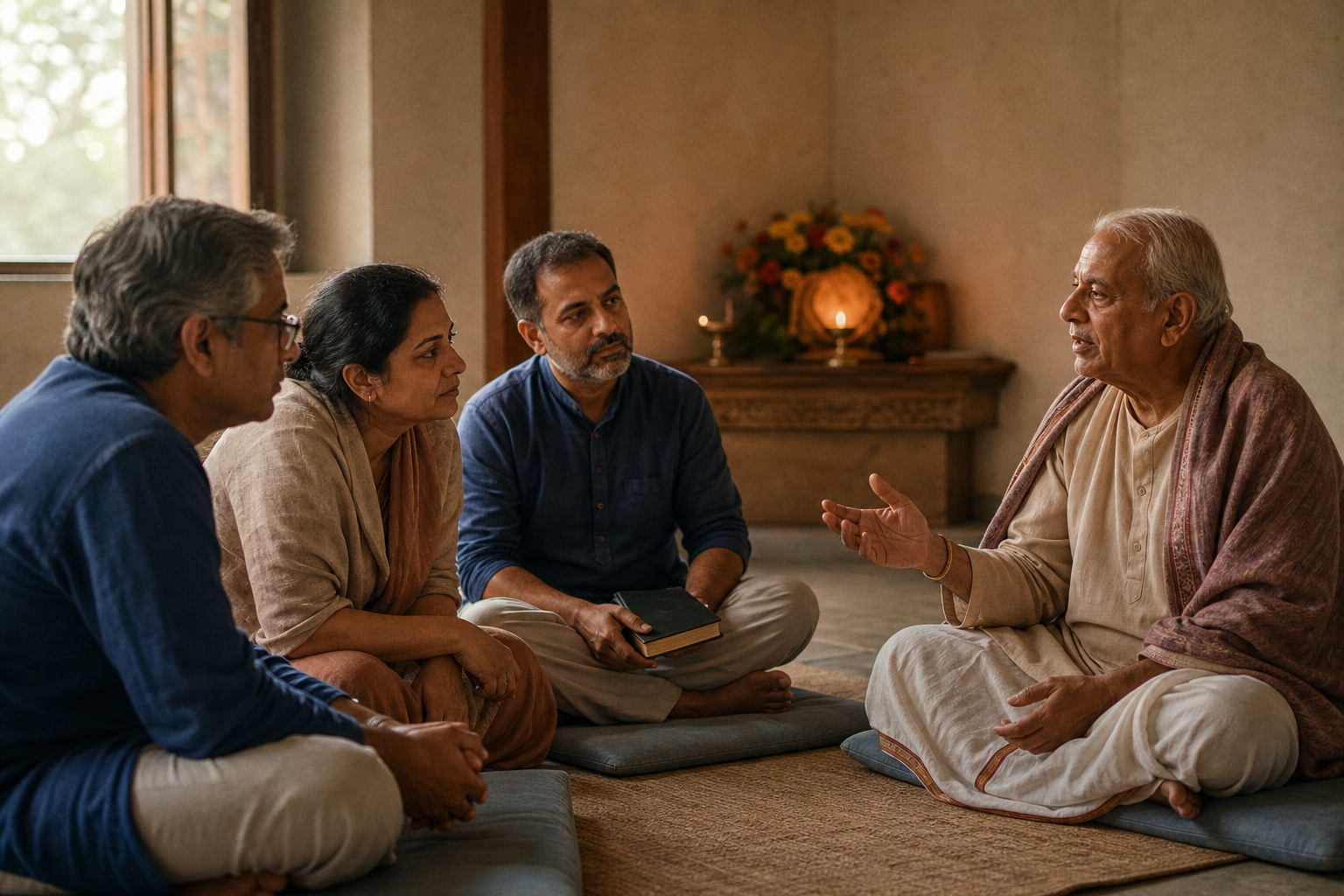 A senior devotee speaks while three seated listeners give careful attention in a simple devotional room.