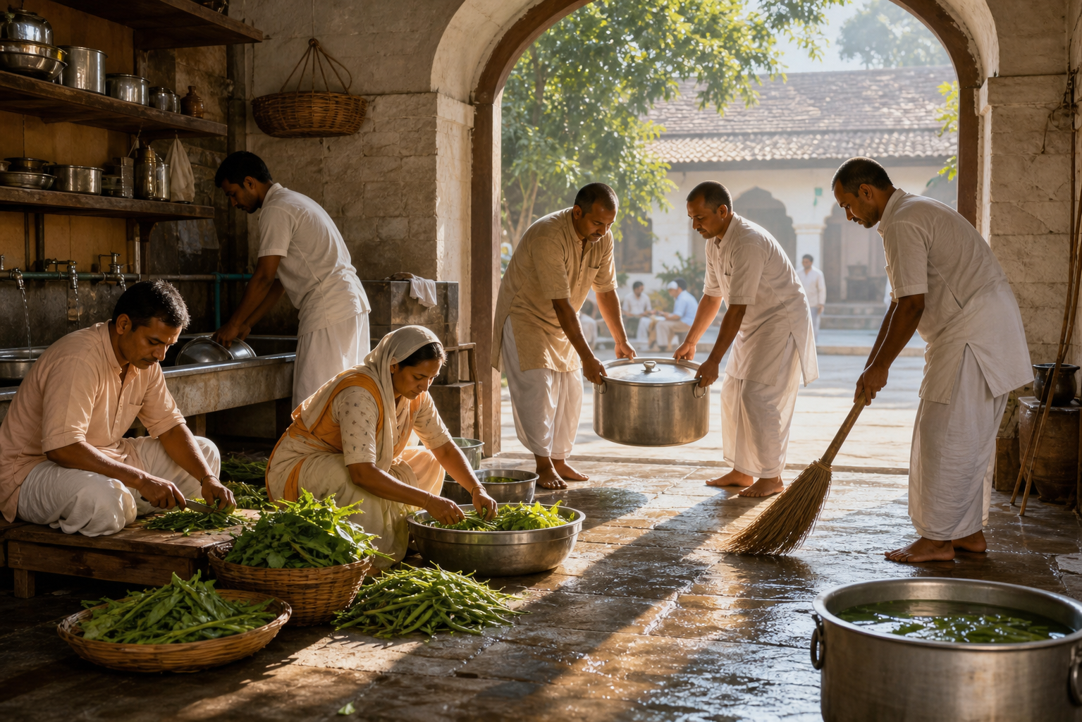 Devotees prepare food, clean, and carry a serving pot together in a sunlit communal kitchen.