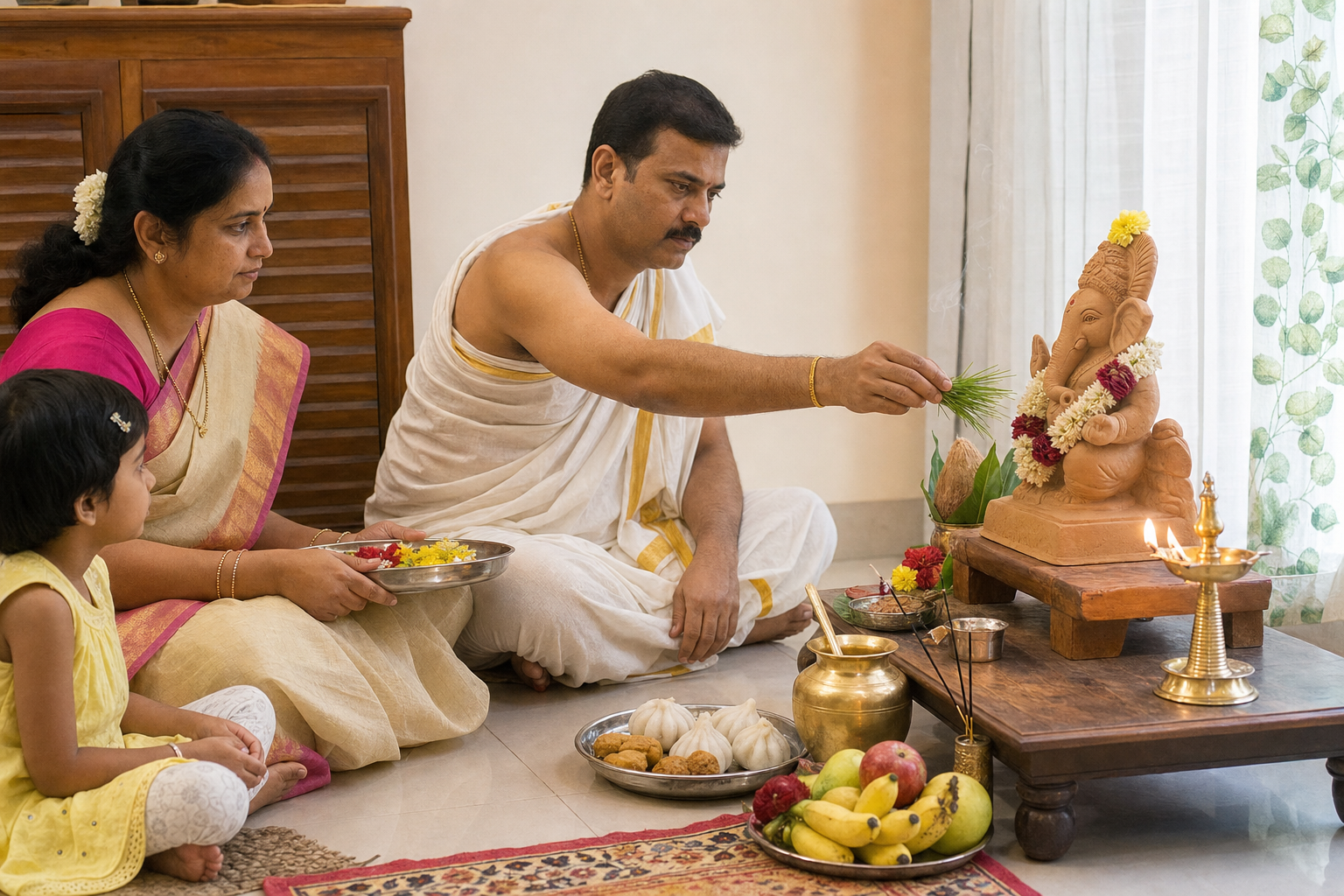 A family performs Ganesha puja at home as one adult offers durva grass and another holds a plate of flowers.