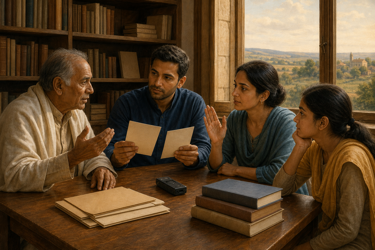 Four devotees discuss a remembrance around a table with an audio recorder, archival folders, and closed books.