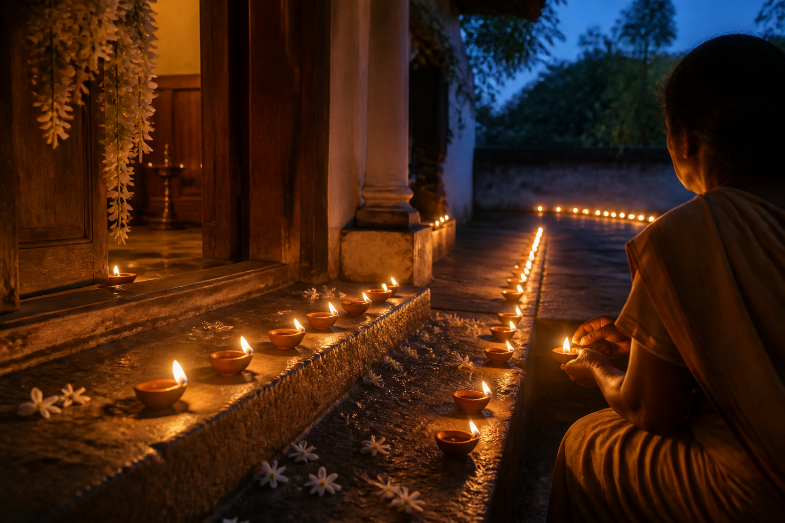 A woman tends rows of glowing terracotta oil lamps on the steps of a South Indian home at twilight.