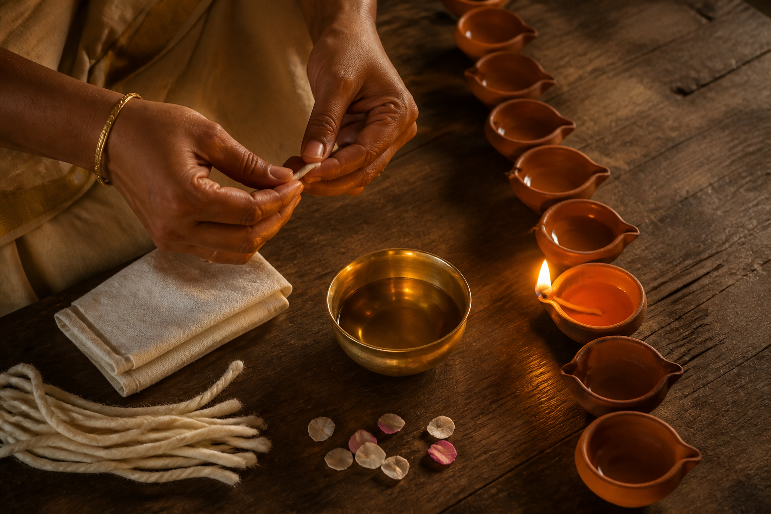 Hands prepare a cotton wick beside clean clay lamps, a bowl of oil, a cloth, and flower petals.