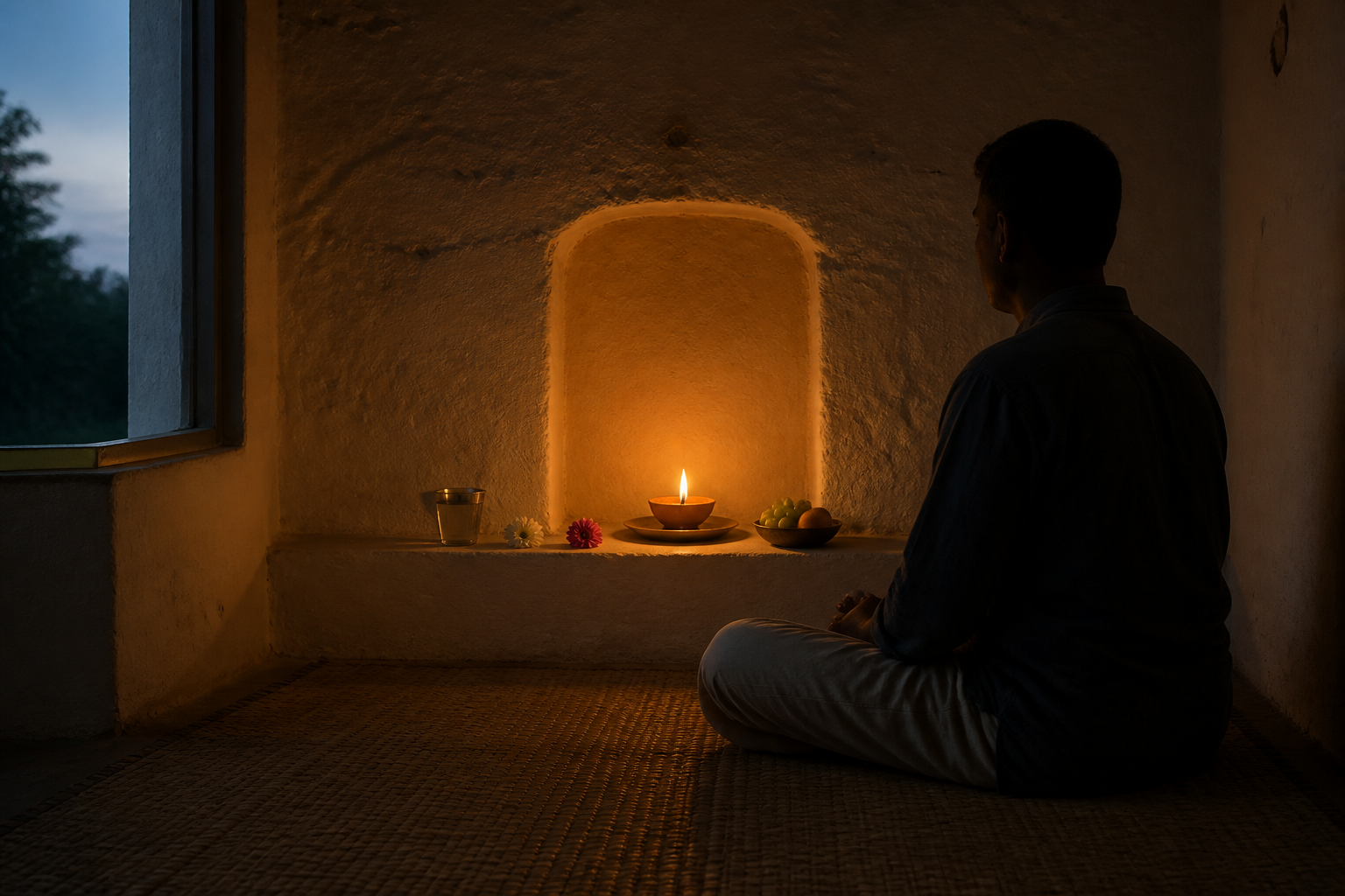 A person sits quietly before a simple home arrangement with one clay lamp, water, flowers, and fruit.