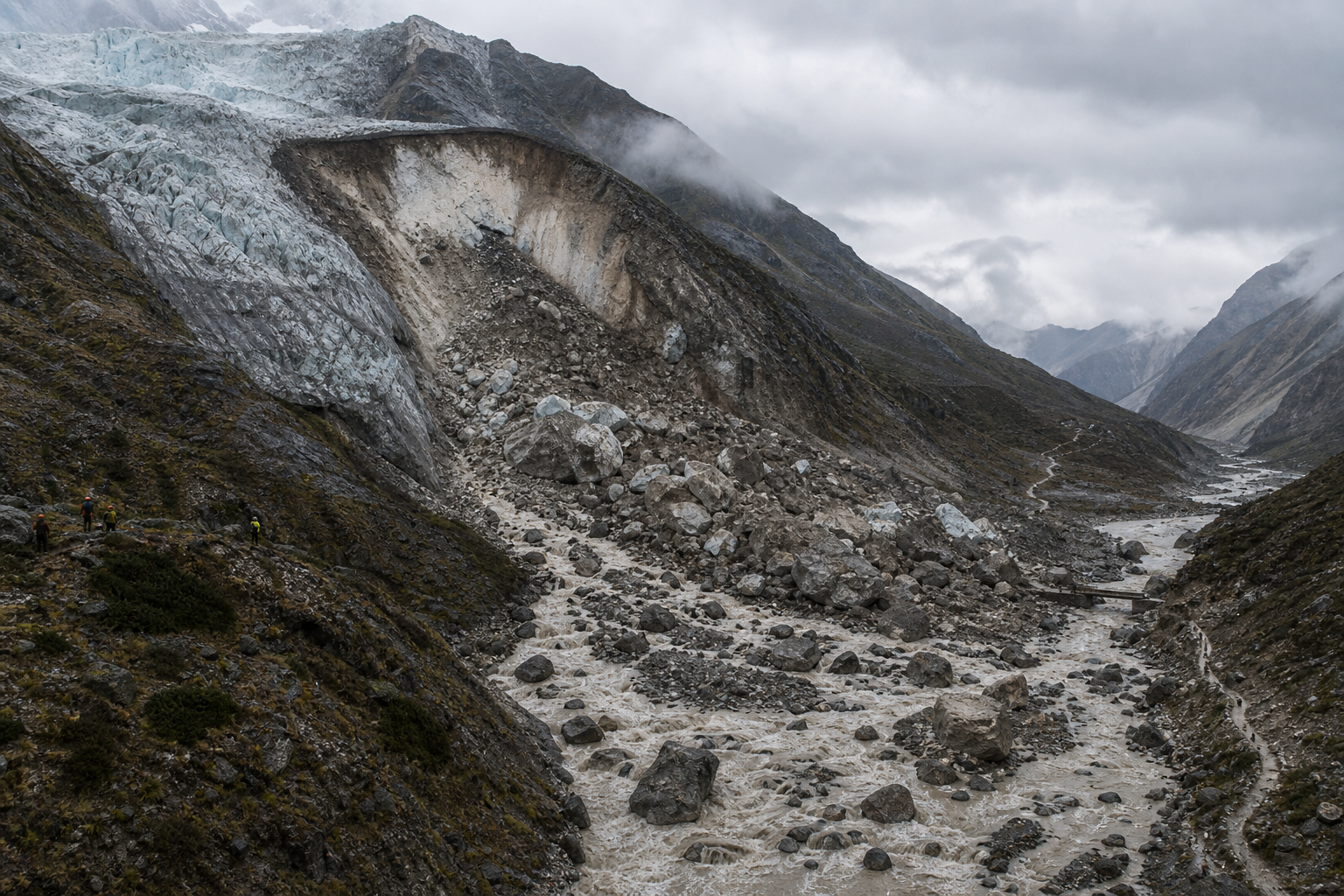 Ice, rock and mud from a mountain collapse block part of a river in a remote Himalayan valley as emergency workers observe from a ridge.
