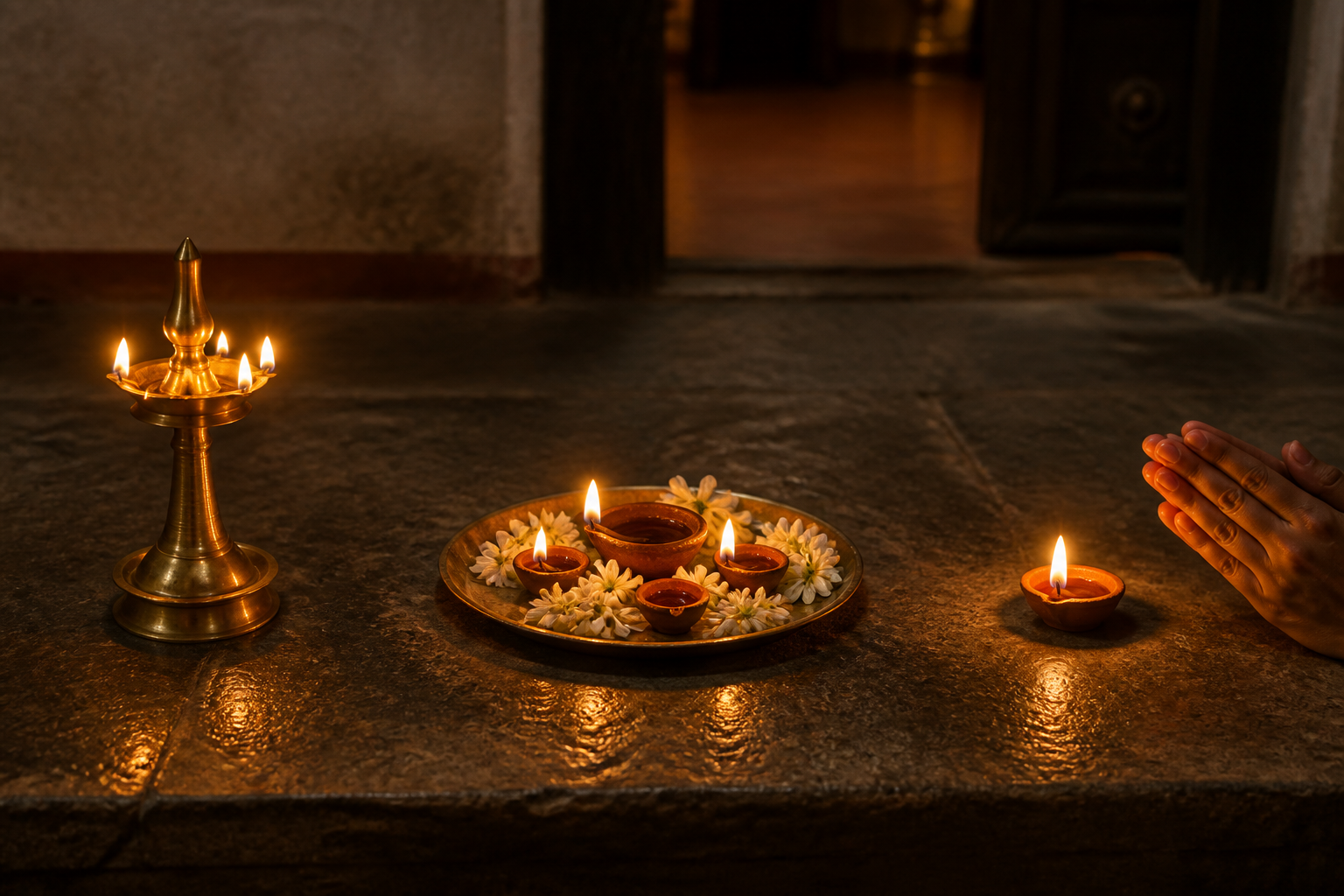 Three separated lamp arrangements show a brass temple lamp, a family tray of clay lamps, and one plain lamp beside folded hands.
