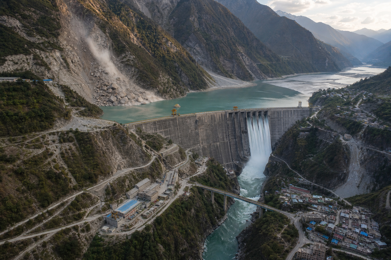 An intact mega-dam, reservoir, steep slopes, spillway and downstream gorge illustrate how several hazards can interact in one river system.