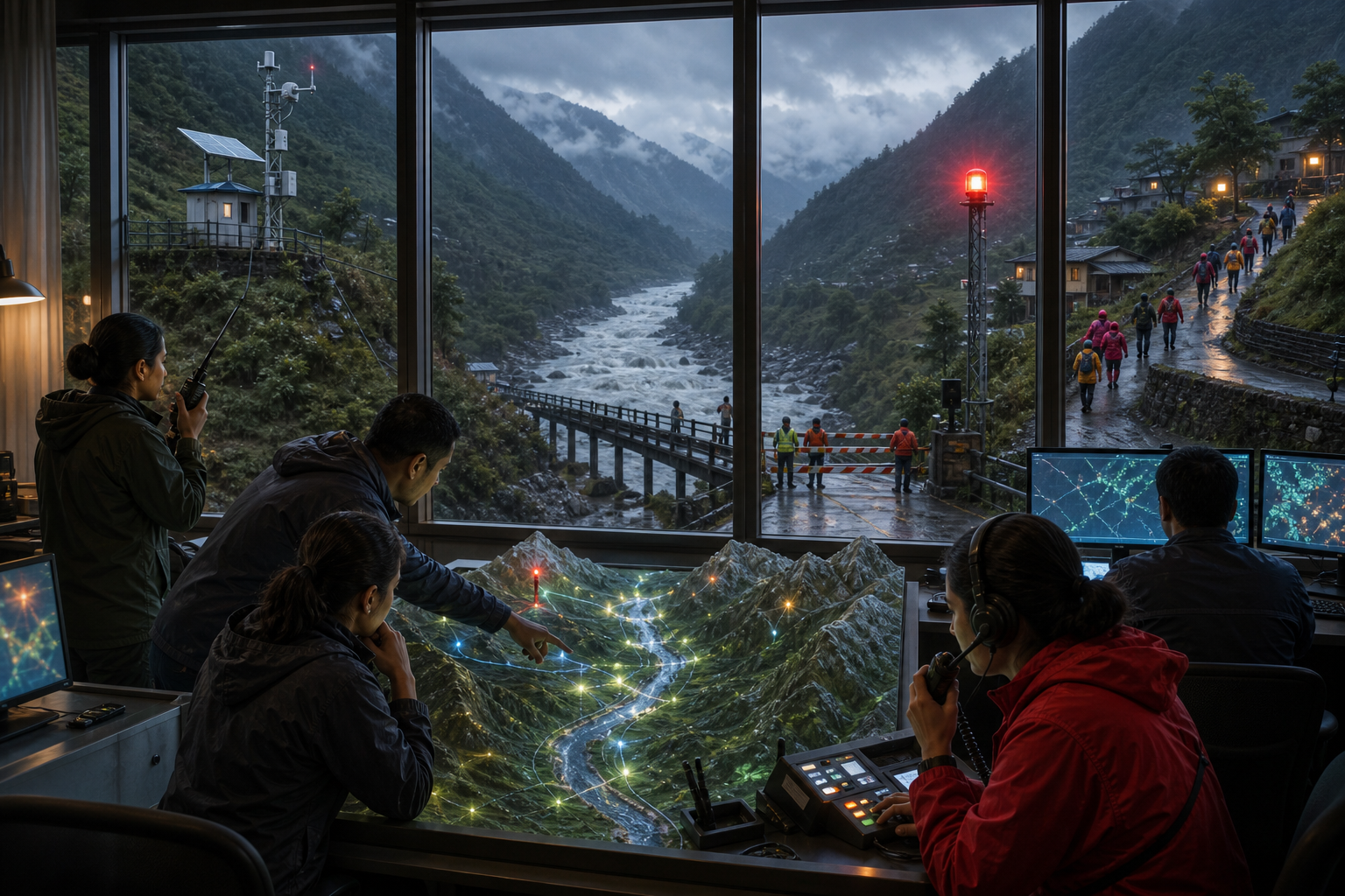 Disaster-response staff monitor a stormy river valley while responders guide residents uphill and close a downstream bridge.