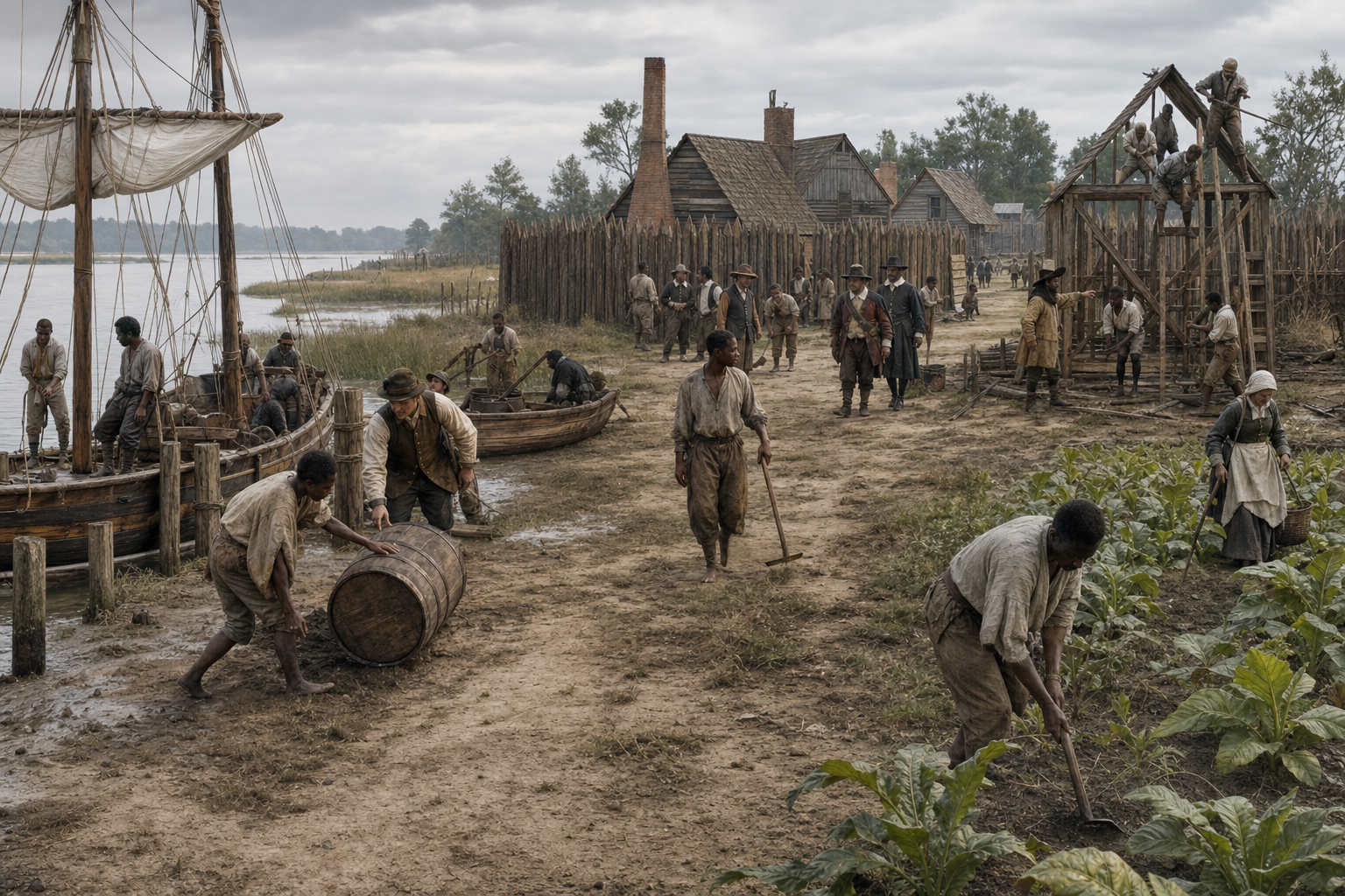 African and European laborers work near a rough Virginia river settlement with timber houses, tobacco plots, barrels, tools, and sailing vessels.