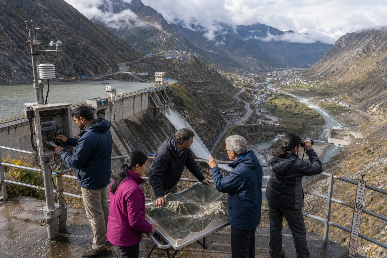Engineers, hydrologists and emergency planners inspect a Himalayan reservoir, monitoring equipment, spillway and downstream evacuation routes.
