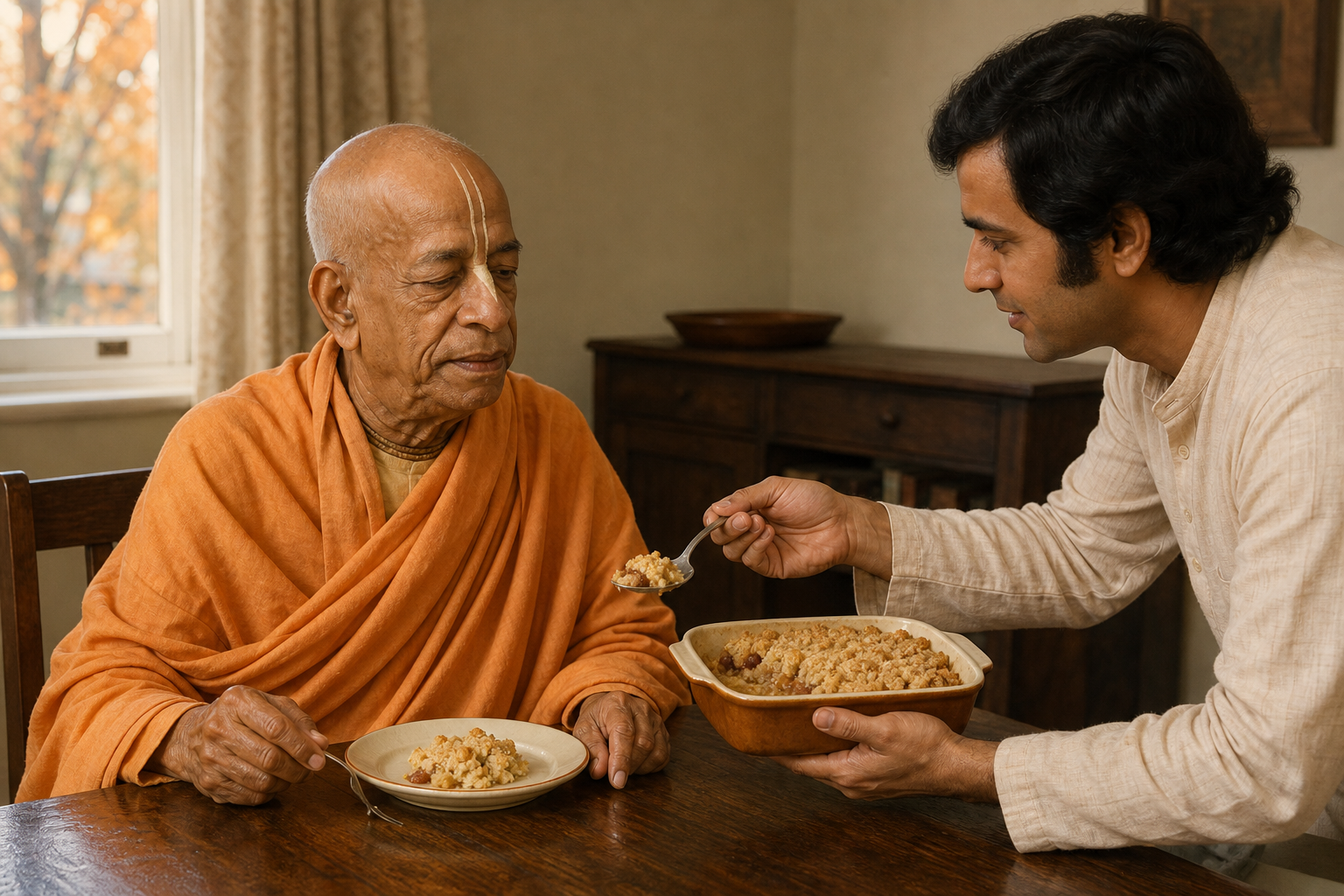 An elderly Vaishnava teacher in saffron robes is offered a second serving of oat-topped apple crumble in a modest 1970s dining room.