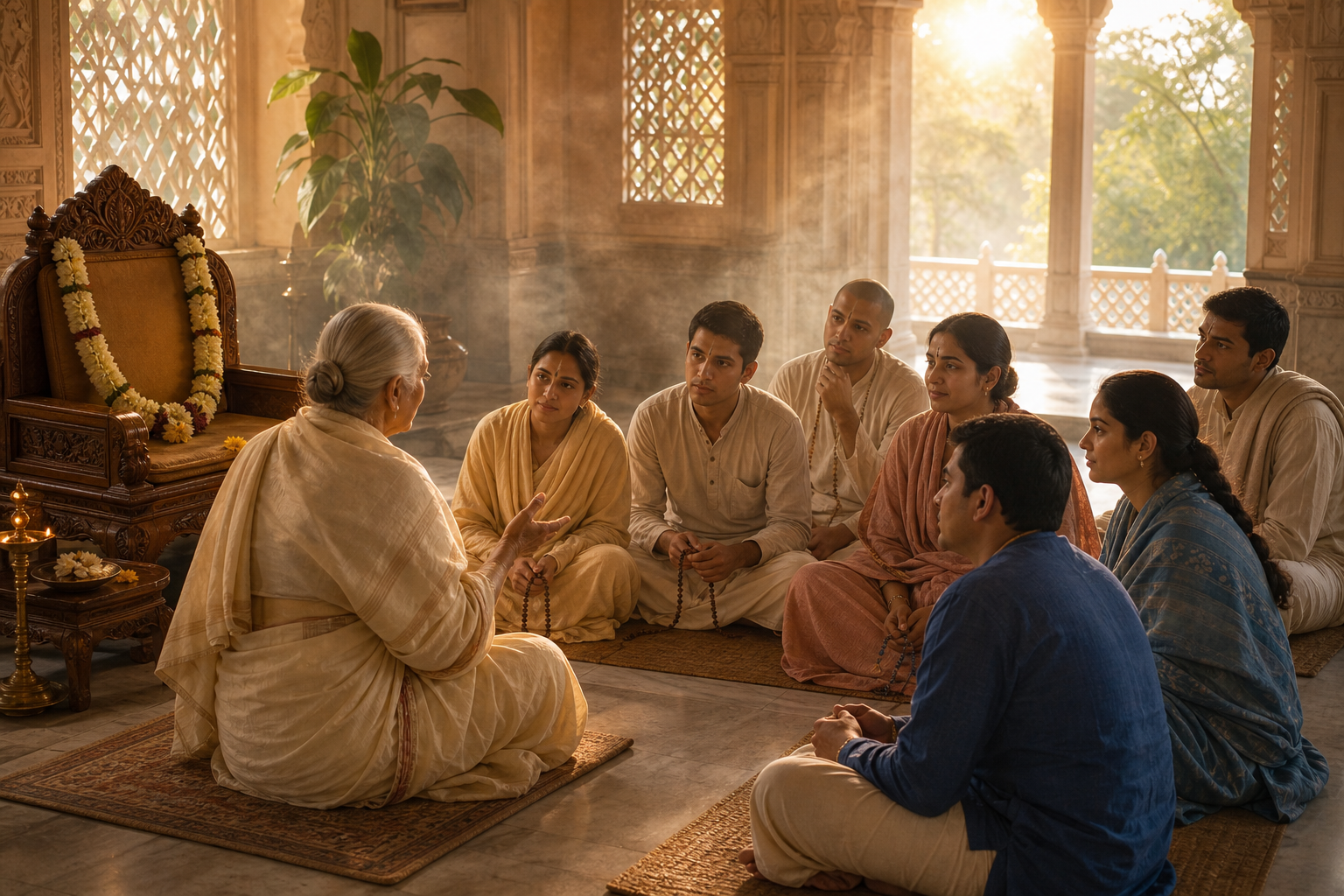 A woman devotee in a sari speaks to an attentive group in a temple hall beside a flower-garlanded empty teaching seat.
