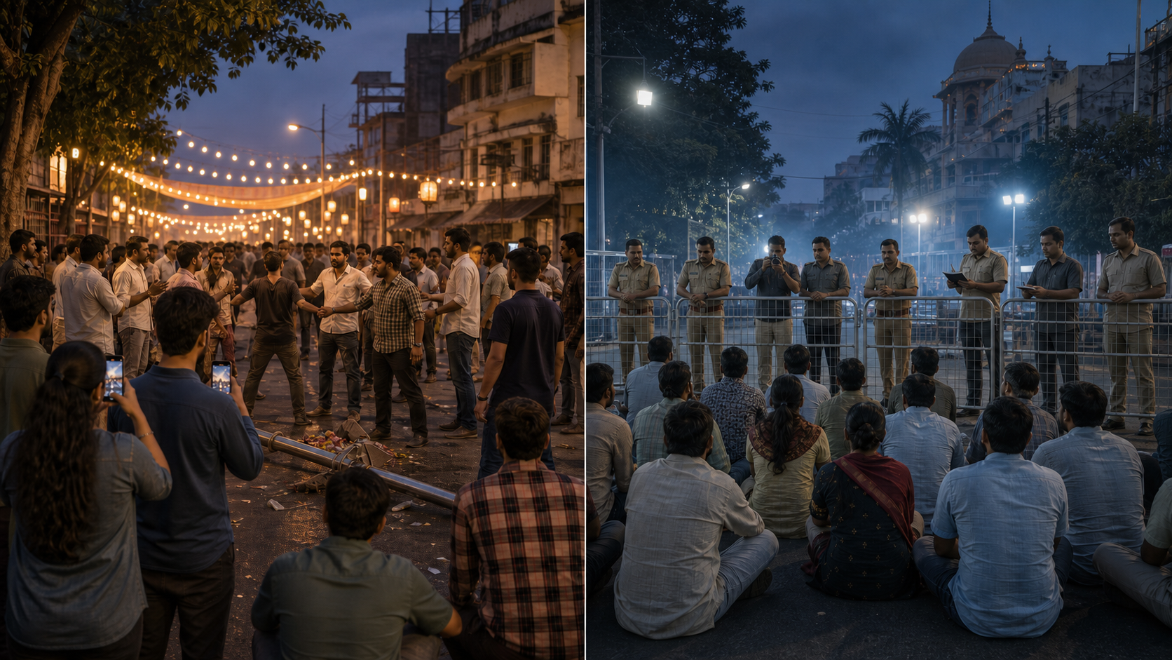 Editorial illustration showing a street confrontation and a later protest facing police barricades as two separate incidents.