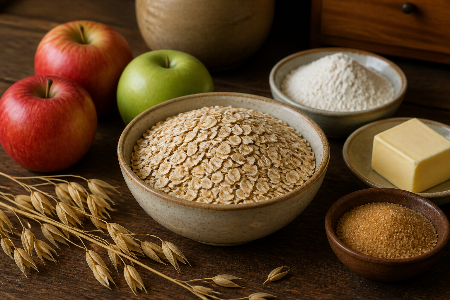 A ceramic bowl of rolled oats sits with apples, flour, butter, sugar, and oat stalks on a wooden table.