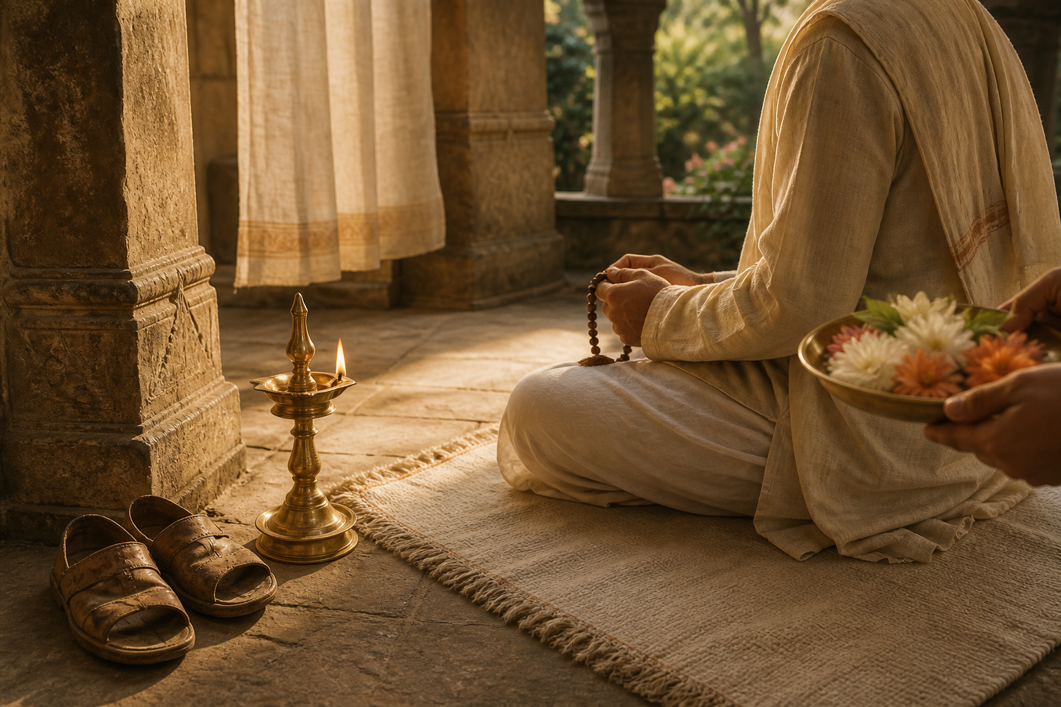 A devotee listens on a temple veranda near worn sandals, a glowing oil lamp, and an offering of flowers.