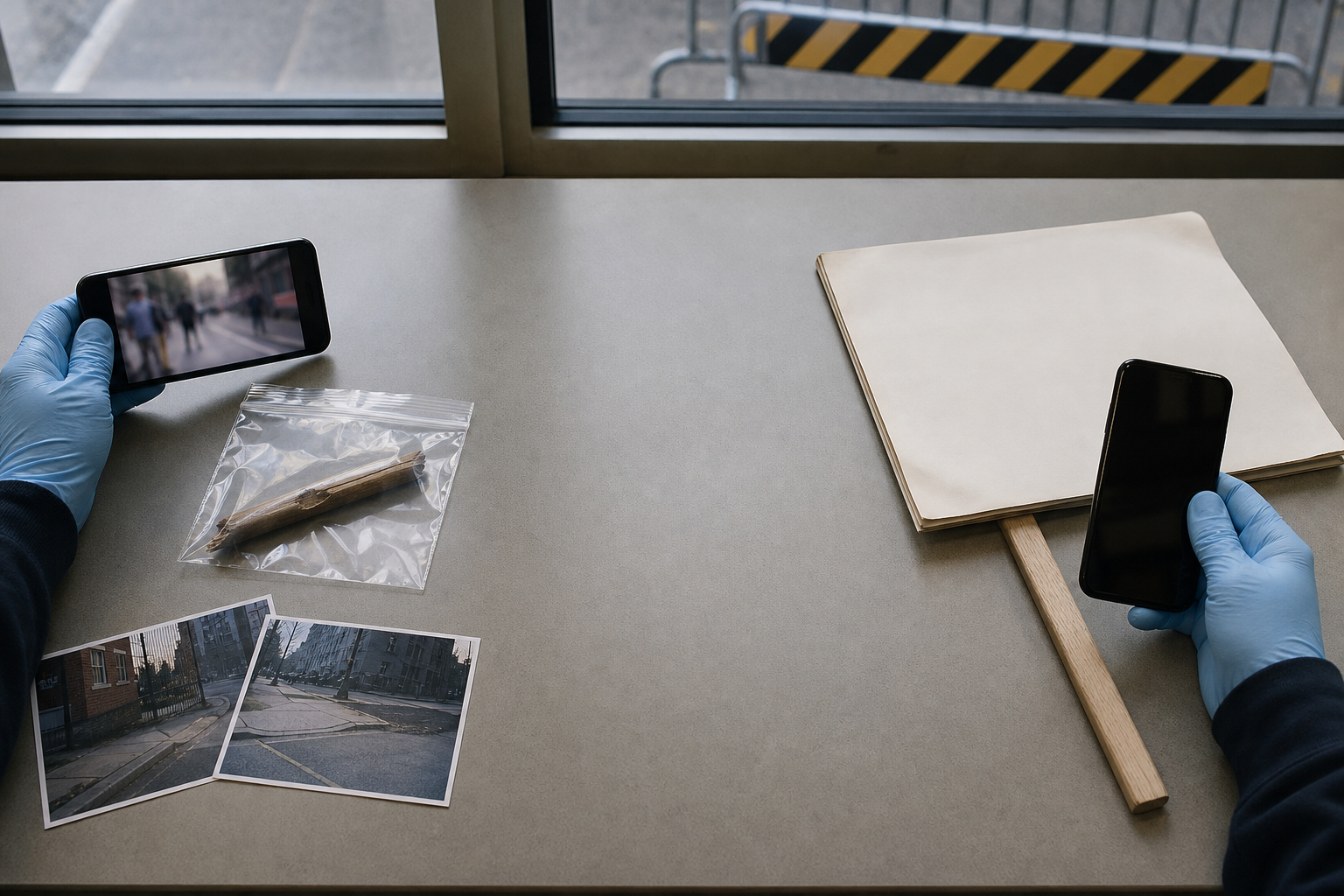 Two separate groups of video and physical evidence arranged on an investigation desk and examined independently.