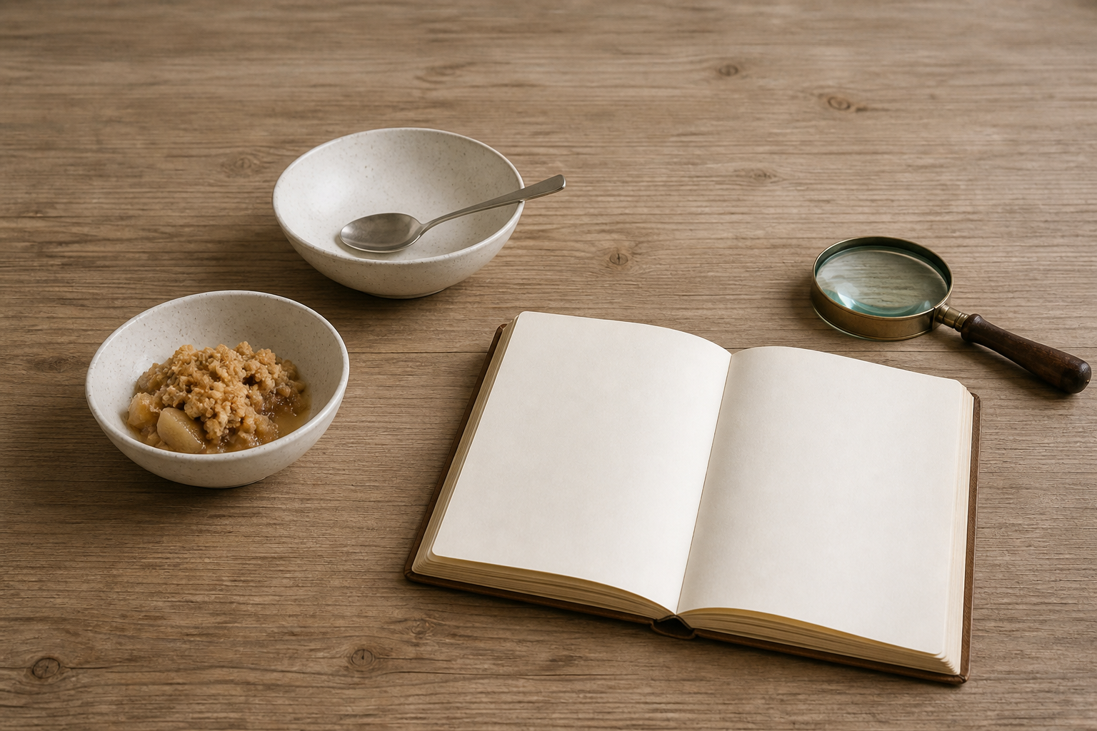 Apple crumble, an empty dessert bowl, a spoon, a magnifying glass, and a blank open notebook are arranged on a wooden desk.
