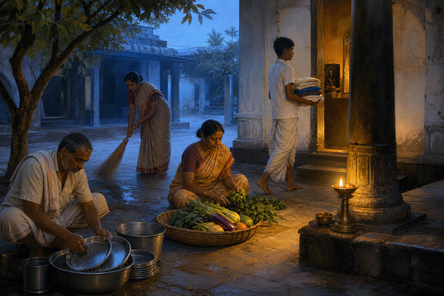 Devotees wash dishes, prepare vegetables, sweep a courtyard, and carry folded cloths during early morning temple service.