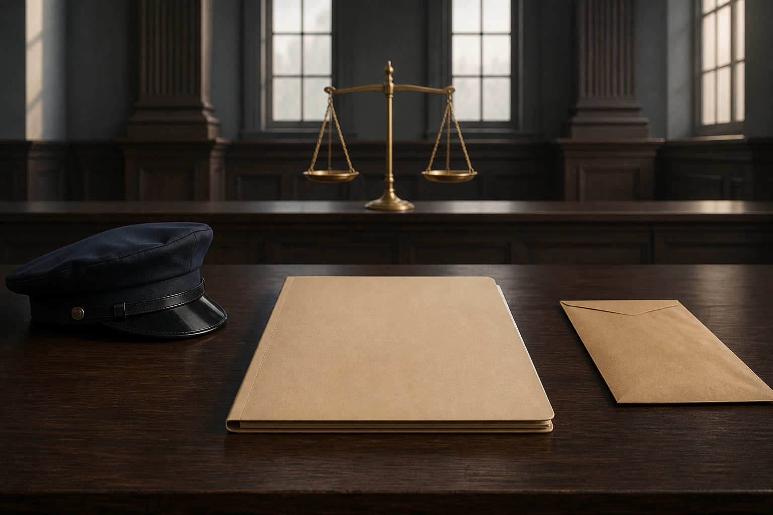 A blank case folder, police cap, evidence envelope, and level balance scale arranged on a courtroom table.